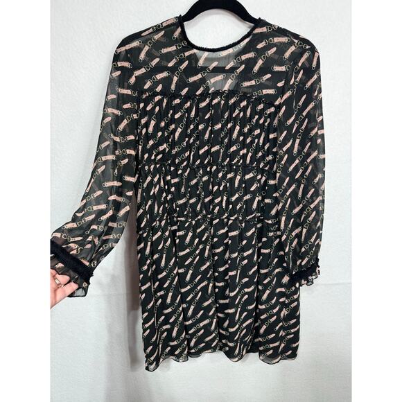 Zara Basic Sheer Black Long Sleeve Belt Print Babydoll Shift Mini Dress Size M - Picture 6 of 7
